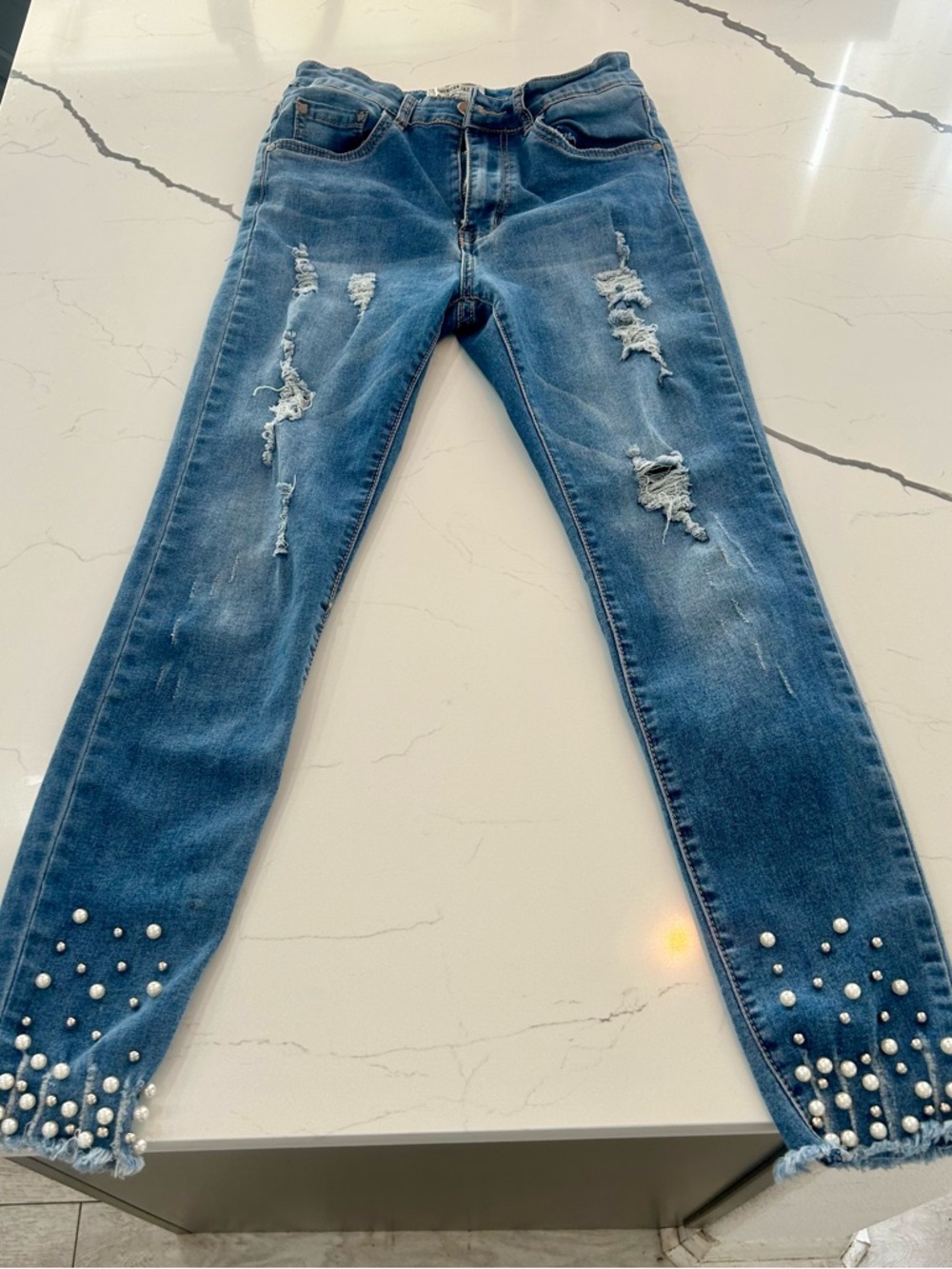 American Bazi Distressed Skinny Ankle  Jeans with Pearl-Trim - Blue small